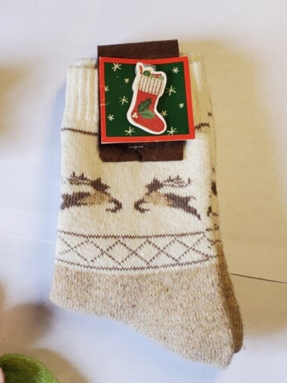 Merino 70% Wool Cream Reindeer Pattern Crew Socks - Holiday Knit
